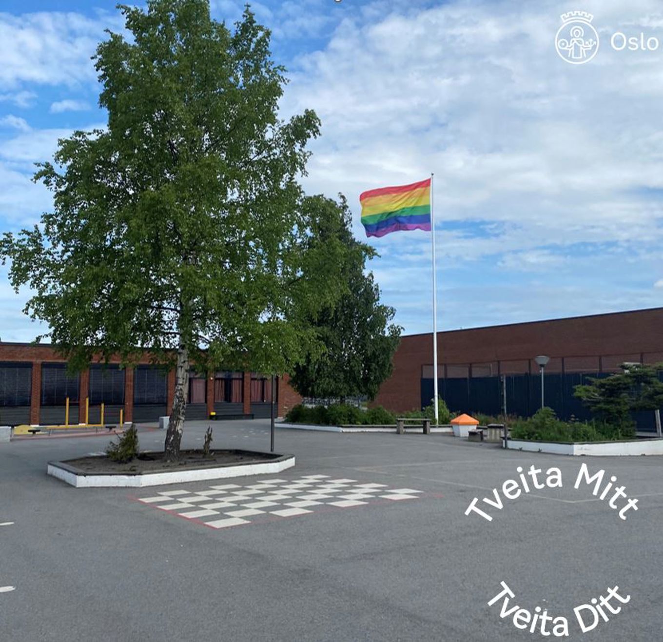 Foto: Inga-Lise Nordlys Pride flagg på skolegård