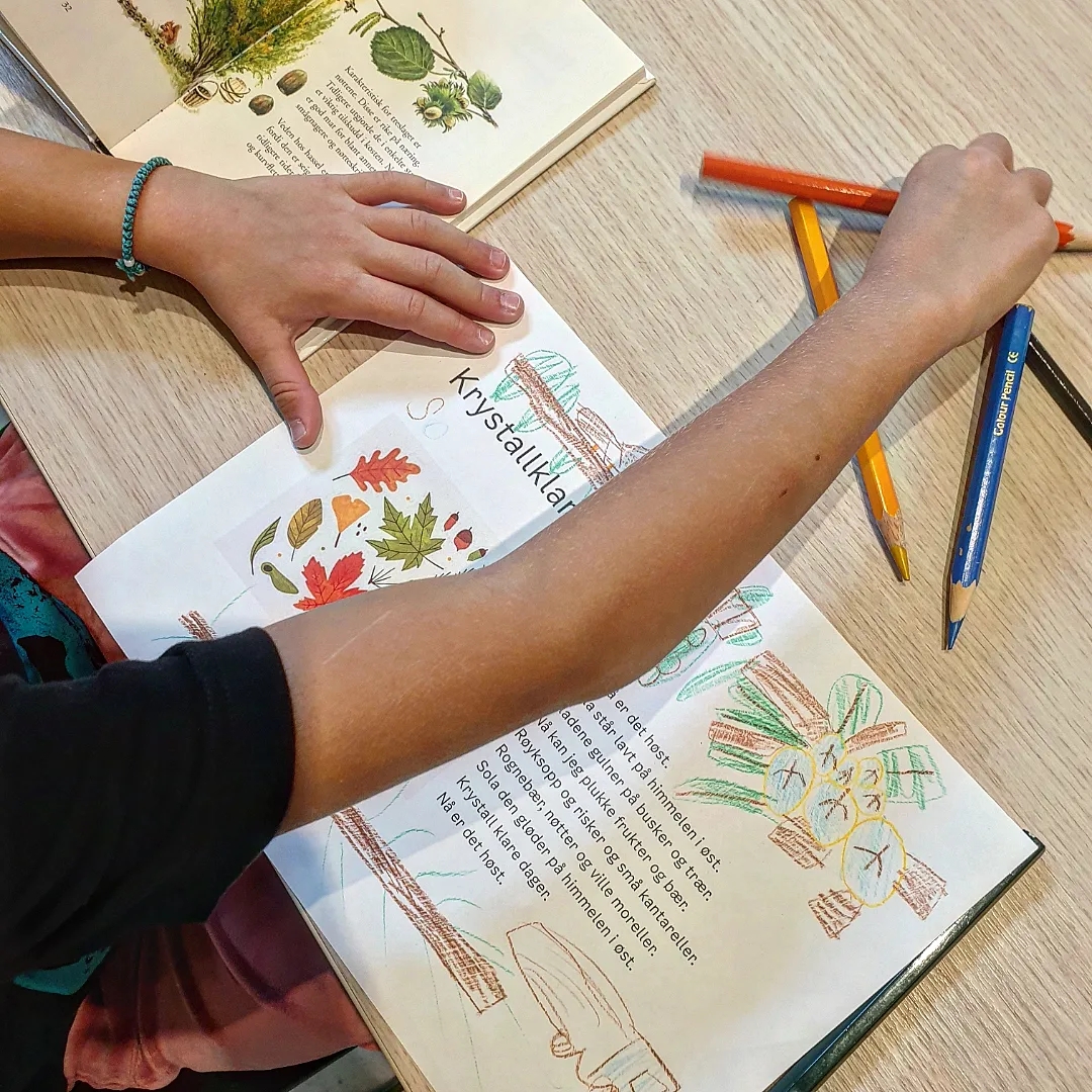 Elever tegne i bibliotek